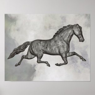 Affiche Cheval de Trot vintage en gris sur les nuages