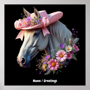 Affiche Cheval Derby féminin Casquette de soleil rose élé