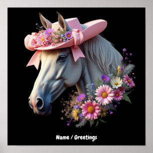 Affiche Cheval Derby féminin Casquette de soleil rose élé