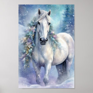 Affiche Cheval d'hiver aux fleurs