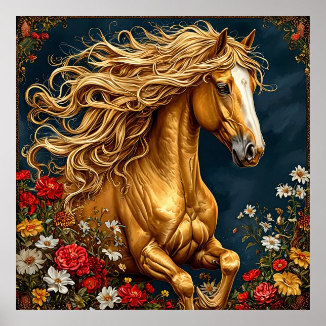 Affiche Cheval doré à la crinière ondoyante (Devant)