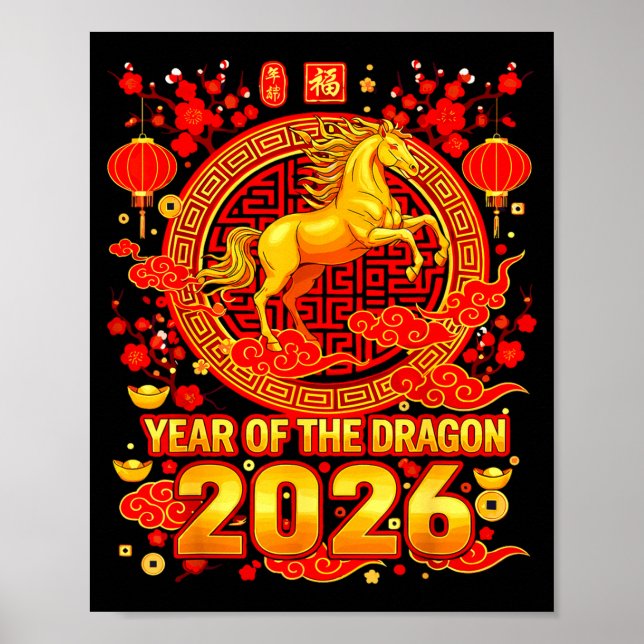 Affiche Cheval doré Nouvel An chinois 2026 Dragon Zodiaque (Devant)
