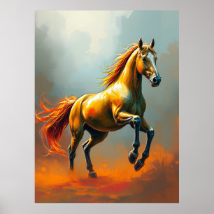 Affiche Cheval doré se cabre, crinière fluide, vibrant