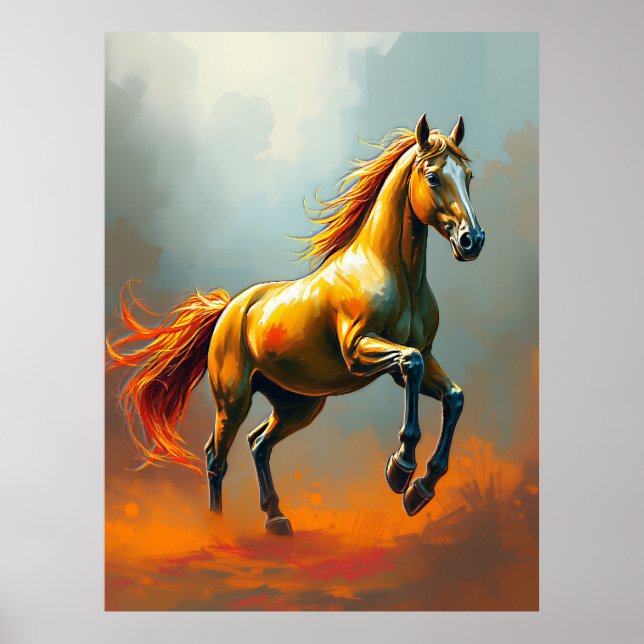 Affiche Cheval doré se cabre, crinière fluide, vibrant (Devant)