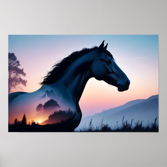 Affiche Cheval Double exposition Animal Nature sauvage Art (Devant)