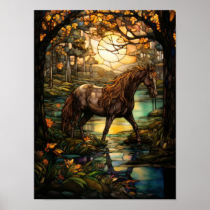 Affiche Cheval en verre coloré au coucher du soleil