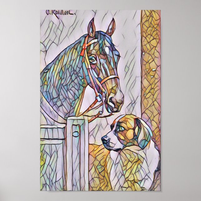 Affiche Cheval et chien classique peinture / tache de verr (Devant)