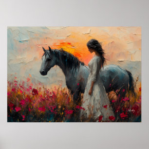 Affiche Cheval et femme enchanteurs dans un coucher de sol