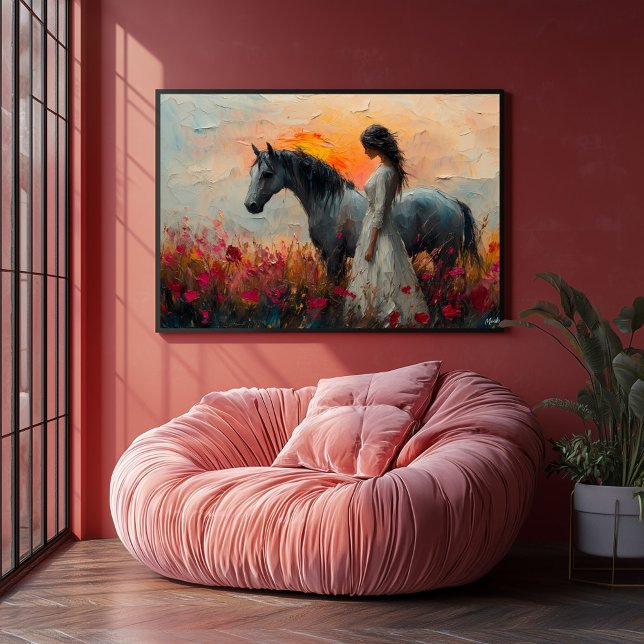 Affiche Cheval et femme enchanteurs dans un coucher de sol (Créateur téléchargé)