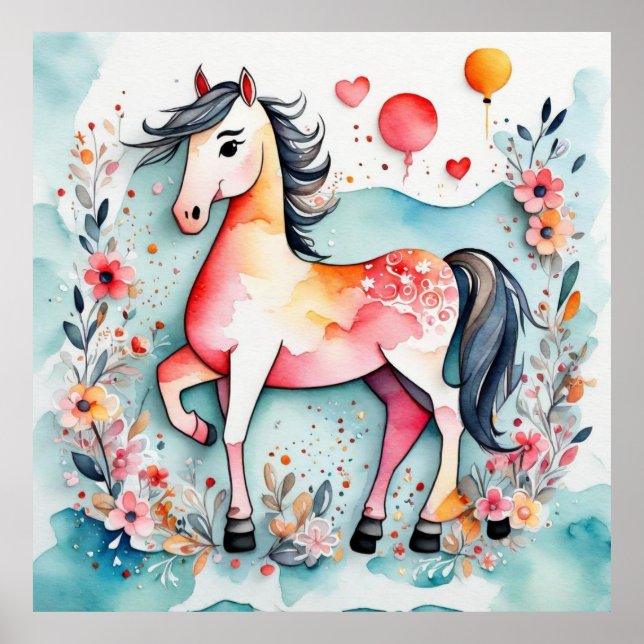 Affiche Cheval floral mignon (Devant)