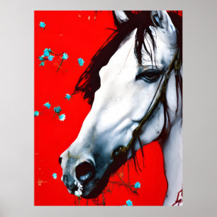 Affiche Cheval Fond Rouge Fleurs Bleues