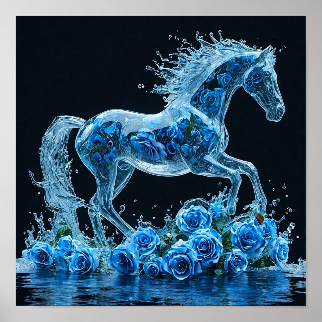 Affiche Cheval Gelé Avec Roses Bleues Fantaisie Fleur De G (Devant)
