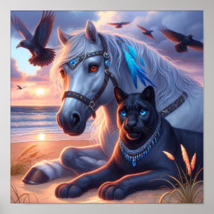 Affiche Cheval gris Panthère noire