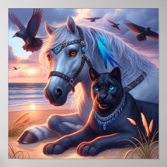 Affiche Cheval gris Panthère noire (Devant)