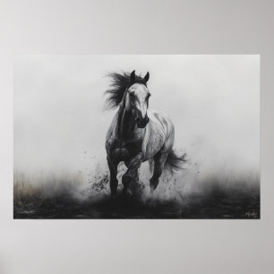 Affiche Cheval Impressionnant au Galop en Noir et Blanc