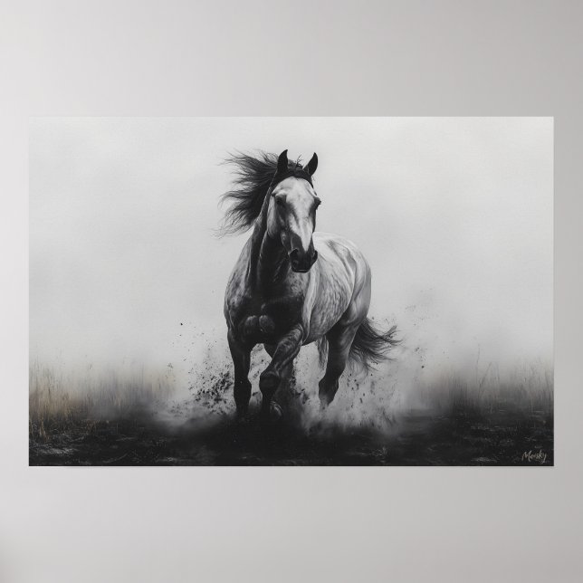 Affiche Cheval Impressionnant au Galop en Noir et Blanc (Devant)