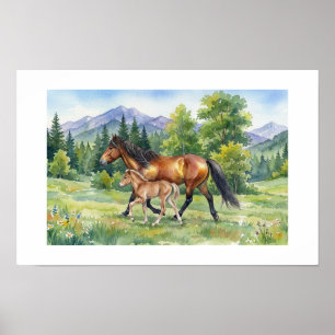 Affiche Cheval islandais bai et poulain dans une prairie d