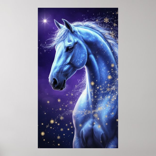 Affiche Cheval Magique Bleu Sous un Ciel Nocturne Étoilé (Devant)