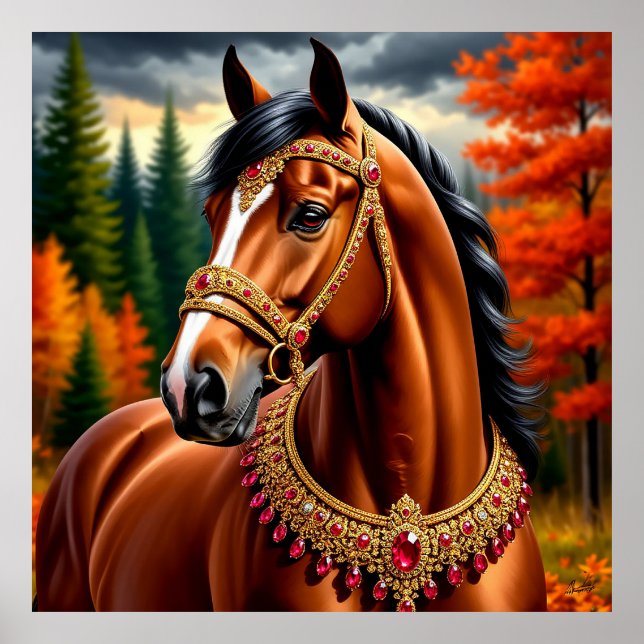 Affiche Cheval majestueux avec un harnais doré orné (Devant)