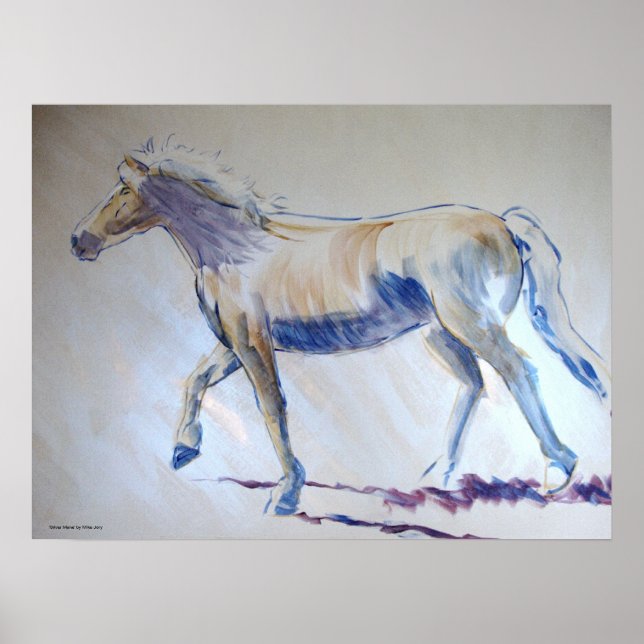 Affiche Cheval Mane Argent Marche Peinture Acrylique (Devant)