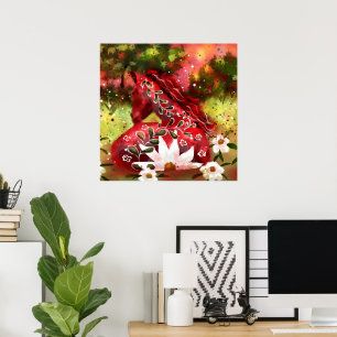 Affiche Cheval marguerrier Art Abstrait Rouge Blanc Vert F