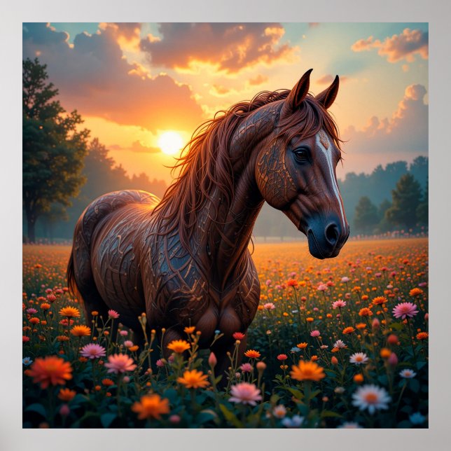 Affiche Cheval Mystique dans un Champ de Fleurs (Devant)