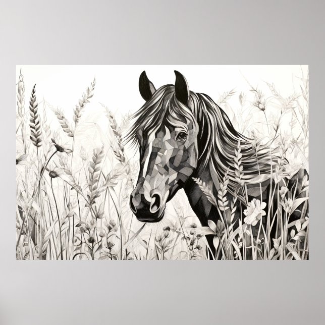 Affiche Cheval Nature Paisible Prairie Croquis Style de de (Devant)