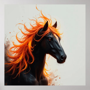 Affiche Cheval noir avec crinière orange enflammée fluide