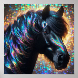 Affiche Cheval noir avec Mane Iridescente