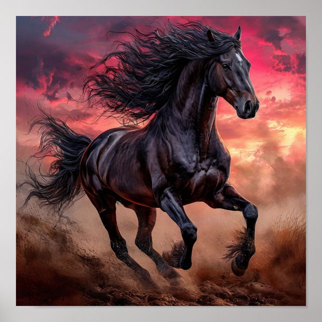 Affiche Cheval Noir Ciel Rose Paysage Rêvé Esthétique (Devant)