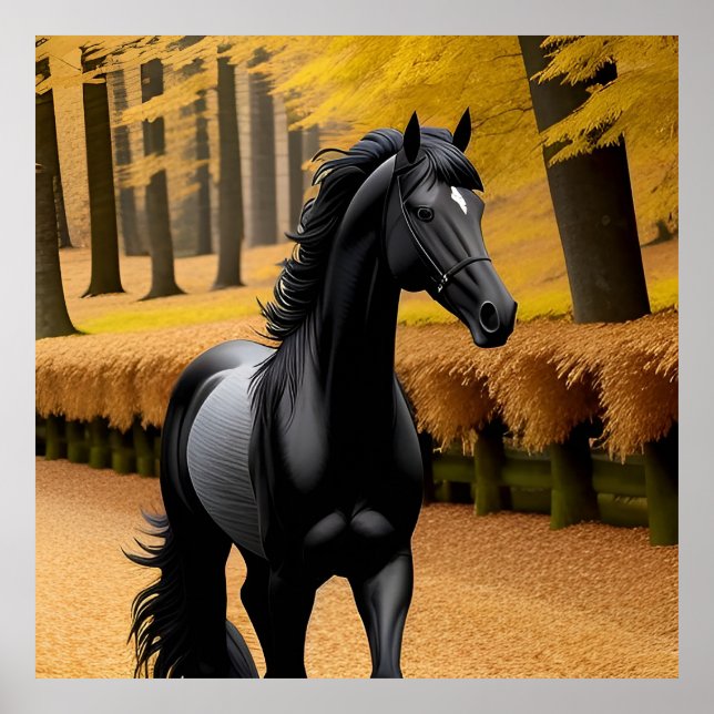 Affiche Cheval noir dans un sentier forestier Pittoresque  (Devant)