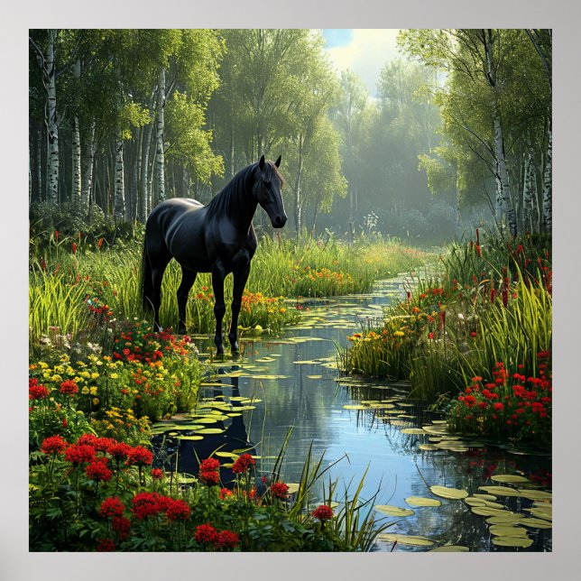 Affiche Cheval noir dans une clairière forestière luxurian (Devant)