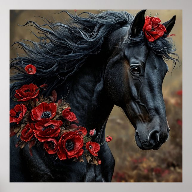Affiche Cheval Noir Décoré De Fleurs Rouges Vibrantes (Devant)
