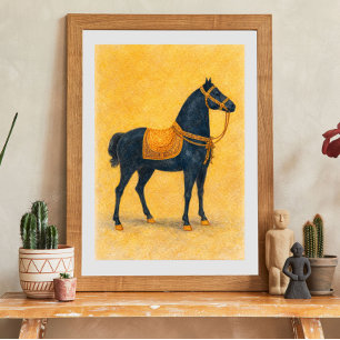 Affiche Cheval Noir Élégant avec Harnais Doré Art