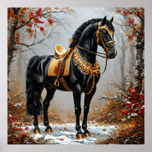 Affiche Cheval noir élégant orné de harnais dorés