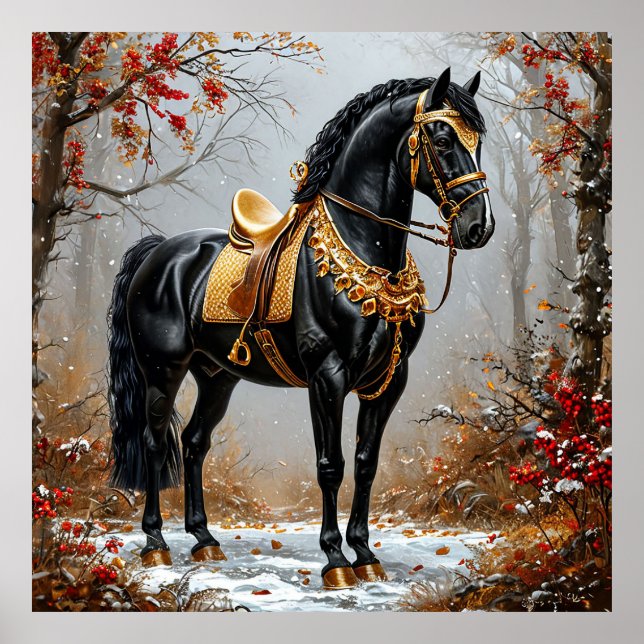 Affiche Cheval noir élégant orné de harnais dorés (Devant)
