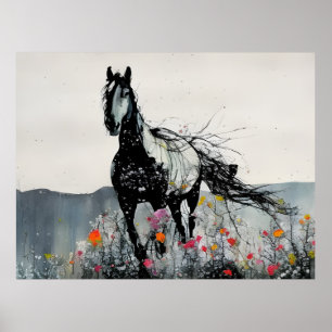 Affiche Cheval noir en Fleur sauvage