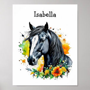Affiche Cheval noir entouré de fleurs Personnalisé