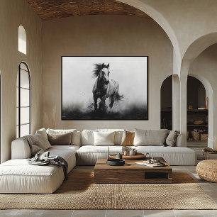 Affiche Cheval Noir et Blanc au Galop Majestueux