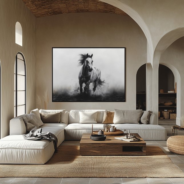 Affiche Cheval Noir et Blanc au Galop Majestueux (Créateur téléchargé)
