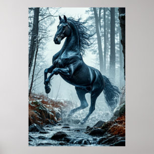 Affiche Cheval noir galopant à travers un ruisseau foresti