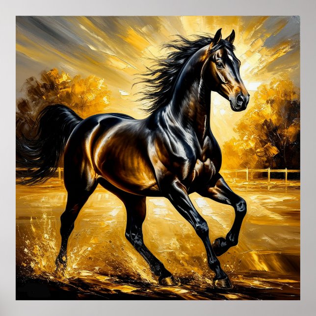 Affiche Cheval noir galopant dans l'eau sous un coucher de (Devant)
