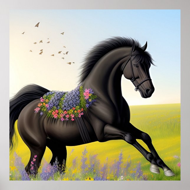 Affiche Cheval noir majestueux en train de courir (Devant)