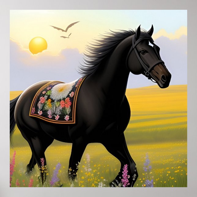Affiche Cheval noir majestueux en train de courir (Devant)