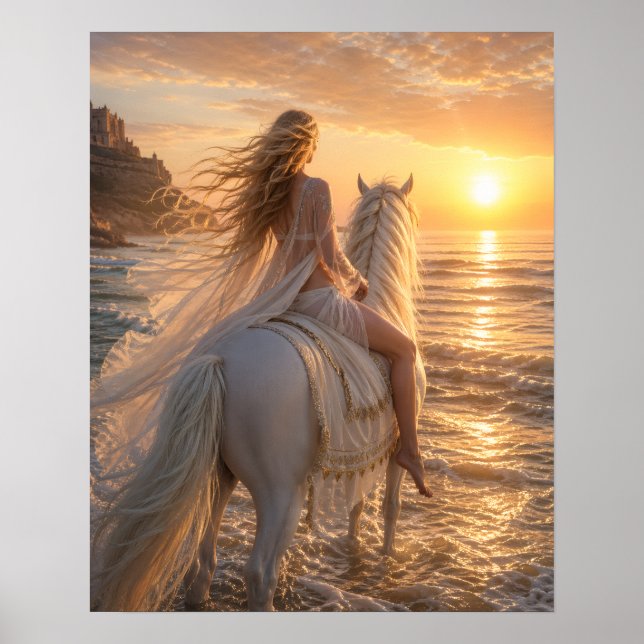 Affiche Cheval nu rêveur sur la plage au coucher du soleil (Devant)