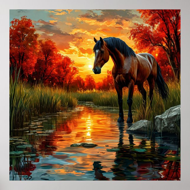 Affiche Cheval par Sunset Stream dans une forêt d'automne (Devant)