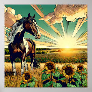 Affiche Cheval Pinto dans un champ de tournesol