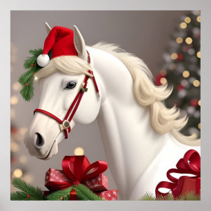Affiche Cheval portant un chapeau festif de Père Noël
