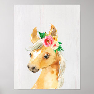 Affiche Cheval Poulain Floral Aquarelle