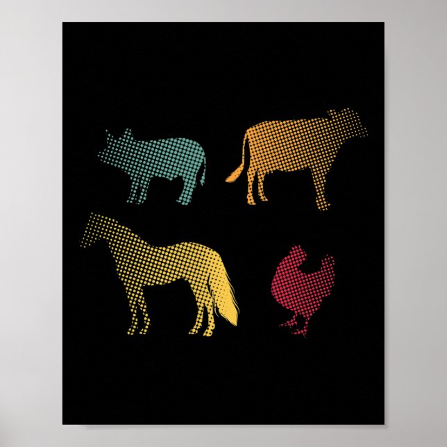 Affiche Cheval Poulet Cochon Vache Ferme Fermier Rétro 70s (Devant)